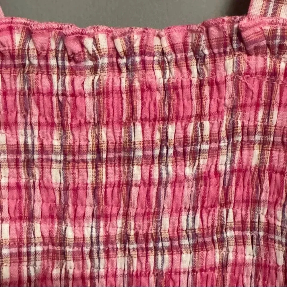 FANCO Pink Plaid Smocked Tube Top with Scalloped Edge and Shoulder Ties Size M - Picture 3 of 6